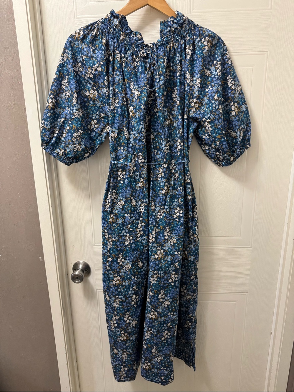 J. Crew Blue Floral Smocked Midi Dress with Puff Sleeves - Picture 6 of 9